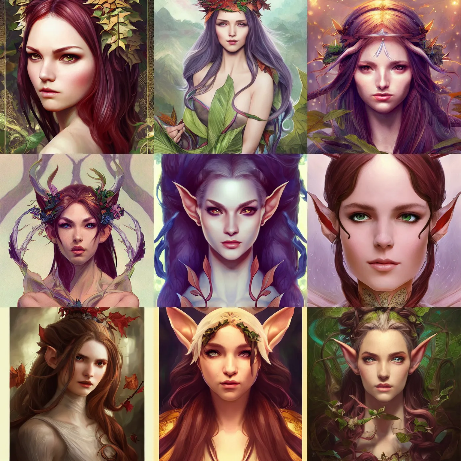 Prompt: character concept portrait, head-on centralized, elf with leaves for hair. Detailed, high quality, dynamic lightning, fantasy, smooth, sharp focus, llustration, tarot-style framing. Artwork by artgerm, WLOP, alex ross, greg rutknowski aphonse Mucha