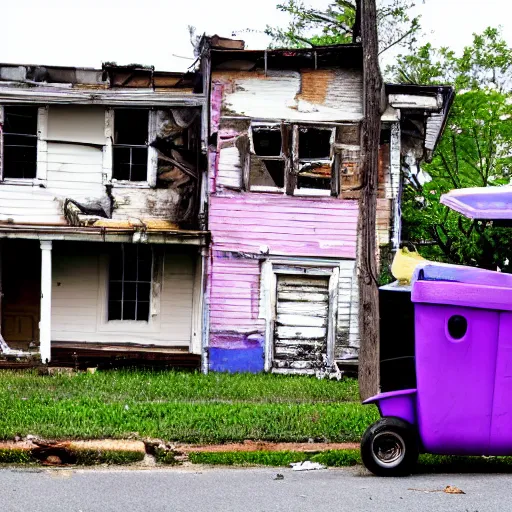 Prompt: run down house with trash in front of it with purple golf cart parked on street.