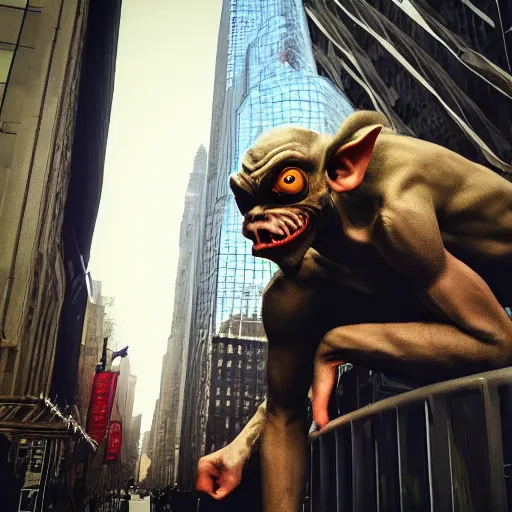 Prompt: photo of hyperealistic goblin in downtown nyc