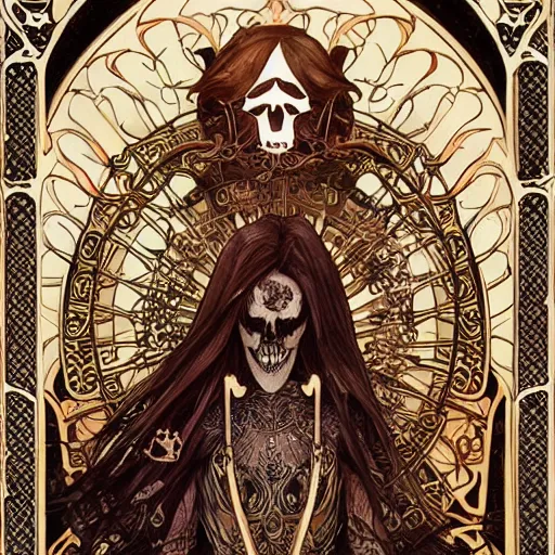 Image similar to skeleton with sickle, highly detailed, very intricate, art nouveau, gold filigree, award winning, tarot concept art watercolor illustration by mandy jurgens and alphonse mucha and alena aenami, featured on artstation