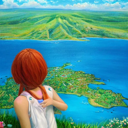 Image similar to A detailed and intricately painted scene of a girl looking at a beautiful Hawaiian landscape of flowers and clear blue waters, featured on ArtStation, trending on ArtStation, cgsociety, trending on 500px, deviantart