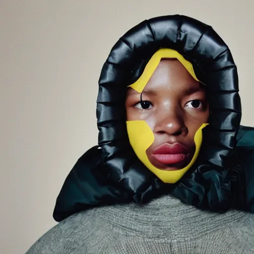 Image similar to realistic! photoshoot for a new balenciaga lookbook, color film photography, portrait of a beautiful woman wearing a balaclava puffer mask, photo in style of tyler mitchell, 35mm lens