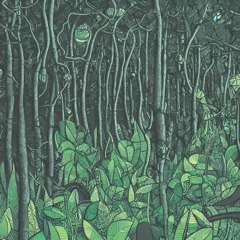 Image similar to illustration of a futuristic forest, highly detailed, by Malika Fayre