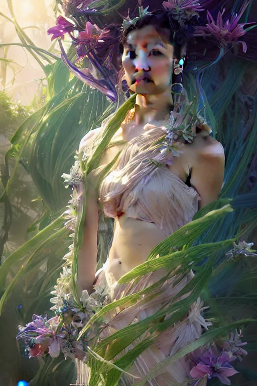 Prompt: portrait of Celestial Hawaiian Goddess as a futuristic princess, inside future fighter, sci-fi, fantasy, intricate, lush garden spaceship, elegant, human anatomy, royal green and nature light, highly detailed, digital painting, artstation, concept art, smooth, sharp focus, illustration, art by tian zi and WLOP and alphonse mucha