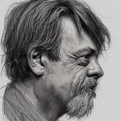 Image similar to a realistic yet scraggly portrait sketch of the side profile of a stern and sophisticated mark hamill, trending on artstation, intricate details, in the style of frank auerbach, in the style of sergio aragones, in the style of martin ansin, in the style of david aja, in the style of mattias adolfsson