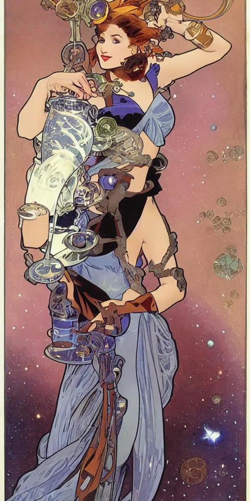 Image similar to a woman wearing outer space as a dress and pouring water from a vase into the milky way, by joe madura, by alphonse mucha, battle chasers.