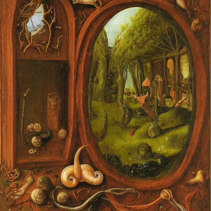 Image similar to infinity mirror with snail. painting by jan van eyck