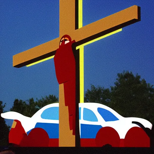 Image similar to jesus christ on the cross as a car, christian art, as a car from the movie pixar's cars 2,