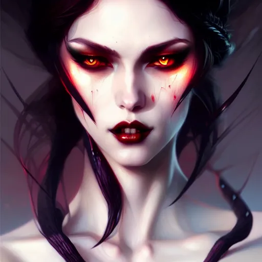 Image similar to desirable Vampire woman, fantasy, intricate, elegant, highly detailed, digital painting, artstation, concept art, matte, sharp focus, illustration, art by artgerm and Greg Rutkowski, dreadjim, zeen chin