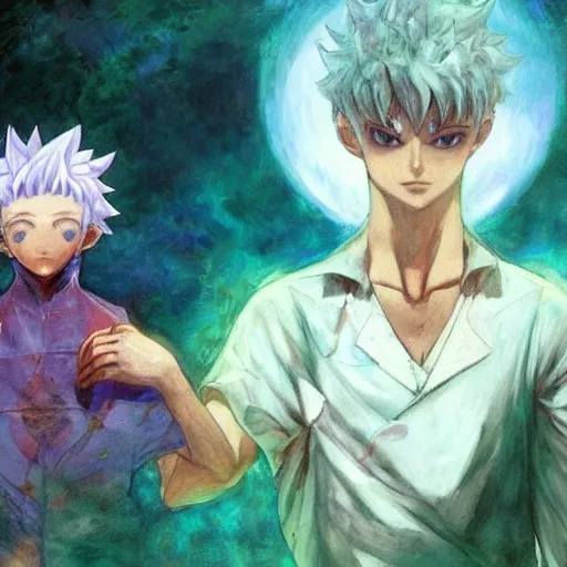 Image similar to HermesPunk Mercury The God Killua Zoldyck Portrait Ears Eyes Face with reflective Mask wearing Hawaiian Vest Bastien Lecouffe-Deharme Romain Trystram Jordan Grimmer Ilya Repin C. M. Kosemen All Tomorrows Youtube Video tombow staedtler anime hunterxhunter