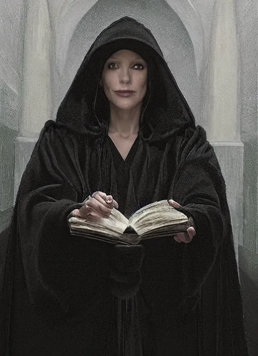 Image similar to portrait of a female sorceress, wearing a black robe, dungeons and dragons, by ivan fedorovich, by ernesto strigelly choultse, cinematic lighting