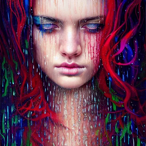 Image similar to professional portrait of girl in psychedelic rain with wet hair and face, fantasy, intricate, elegant, dramatic lighting, intense emotion, highly detailed, lifelike, photorealistic, digital painting, artstation, concept art, smooth, sharp focus, illustration, art by John Collier and Albert Aublet and Krenz Cushart and Artem Demura and Alphonse Mucha