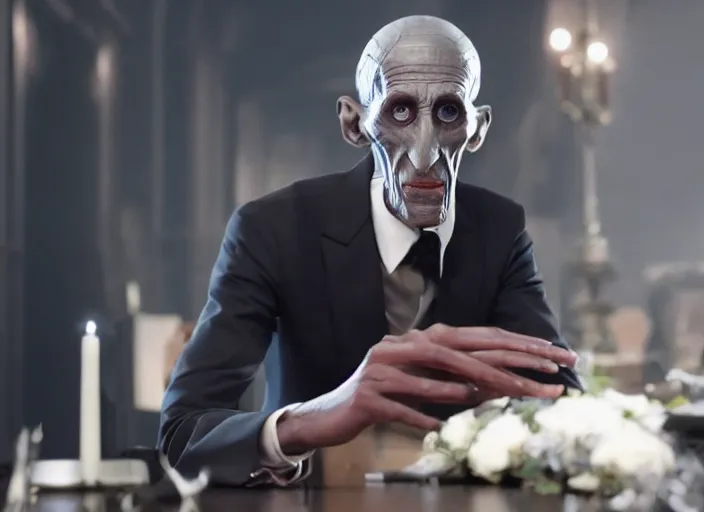 Image similar to Ebony Maw working as a funeral director in the new avengers movie, 4k