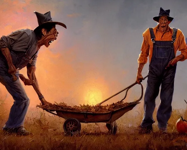 Prompt: jim varney as ernest p worrell, overalls, pushing a wheel barrow halloween night, by greg rutkowski and frank frazetta, intricate, artstation, cinematic, style of magic : the gathering