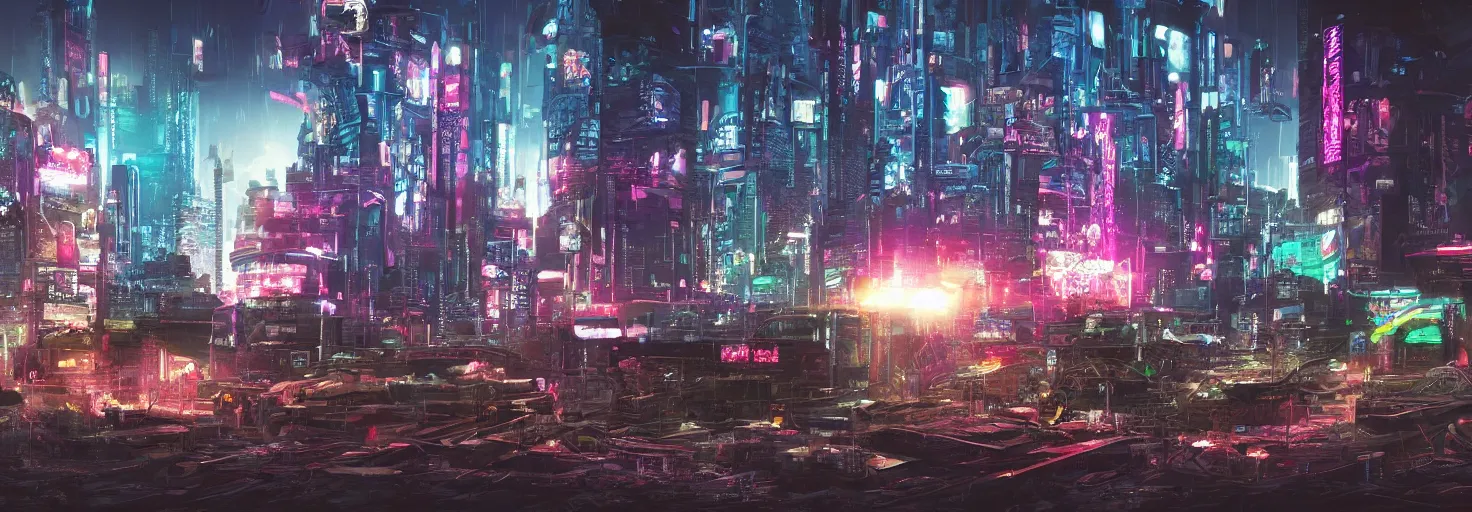 Prompt: photo of a cyberpunk landscape with many big chungus the size of a building