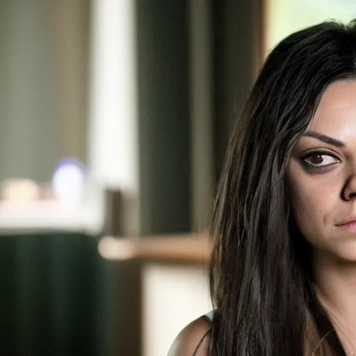 Image similar to Mila Kunis in an indie slasher movie, movie still, XF IQ4, f/1.4, ISO 200, 1/160s, 8K, RAW, unedited, symmetrical balance, in-frame, sharpened