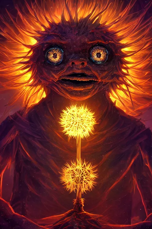 Image similar to a glowing humanoid figure dandelion monster with large glowing eyes, surrounded by elemental flames, highly detailed, digital art, sharp focus, trending on art station, artichoke, anime art style