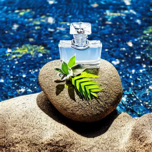 Image similar to perfume bottle on a tropical oasis small rock floating in the reflective blue sea surrounded by plethora of fauna and flora, bright blue skies up close shot, white background, zen, light, modern minimalist f 2 0 clean