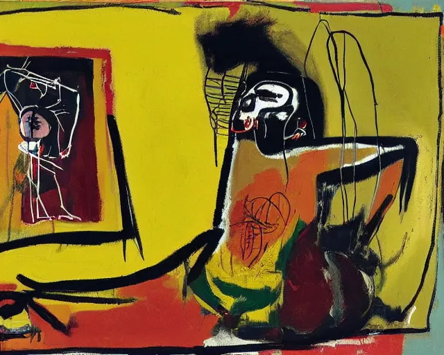 Prompt: painting of a reclined woman by graham sutherland, basquiat!!, neo - expressionism, muted colors!!!