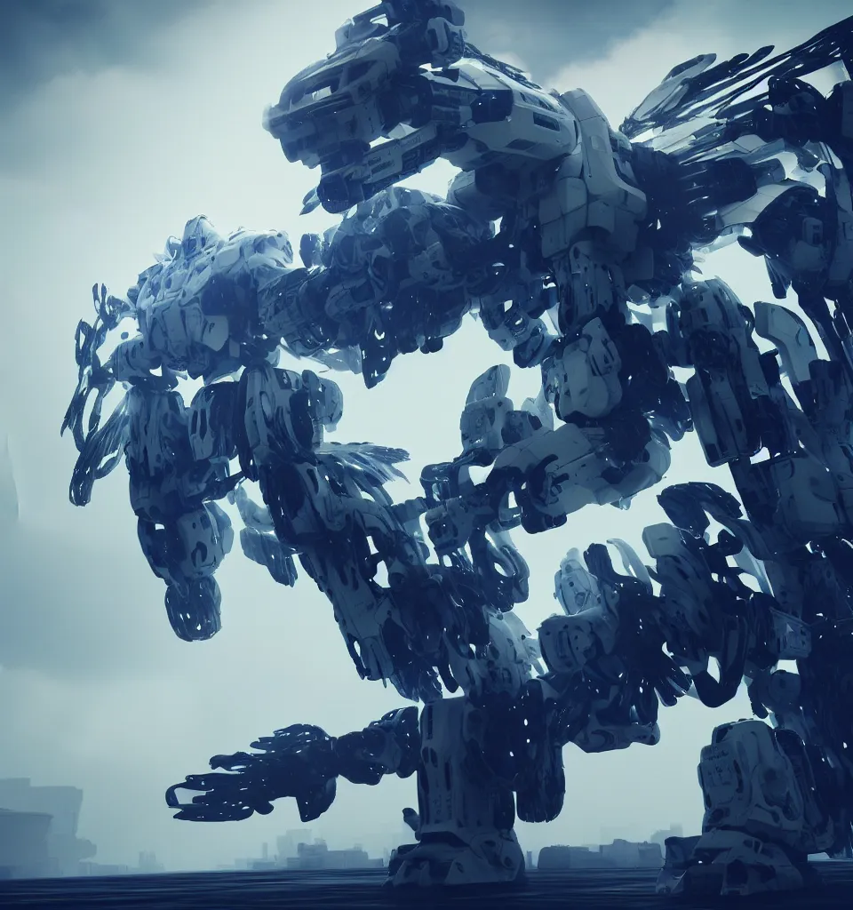 Prompt: white machine feathers flowing surrounding white azure armored core mech, massive flowing machine wing and machine feathers swirling, rotating, spinning interwoven armored core, massive flowing machine wing and machine feathers cinematic still, dark atmosphere, smog, in the flow of time, slow motion,, endoskeleton, post processing, vray render, ultra detailed, trending on artstation, 8 k,