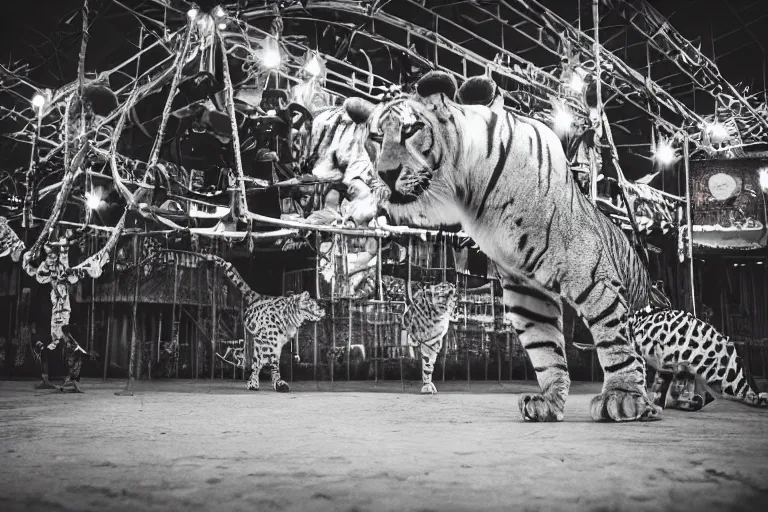 Image similar to photo of a Big Cat Circus, taken with Leica M11 and NOCTILUX 50mm F4.0, Paradium Platinum printed on paper