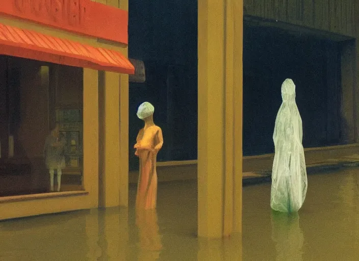 Prompt: woman in a translucent clothing made from green plastic bag with paper bags for clothes standing inside paper bags with paper bag over the head at store display on flooded night street Edward Hopper and James Gilleard, Zdzislaw Beksinski, highly detailed