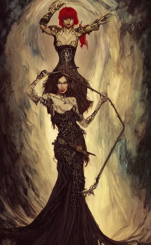 Prompt: full length portrait of a woman who is a hybrid of cookie monster and taylor swift, sorcereress using dark seduction magic, d & d, medieval, fantasy, royo, klimt, miro, vallejo, frazetta, alphonse mucha, greg rutkowski, whealan