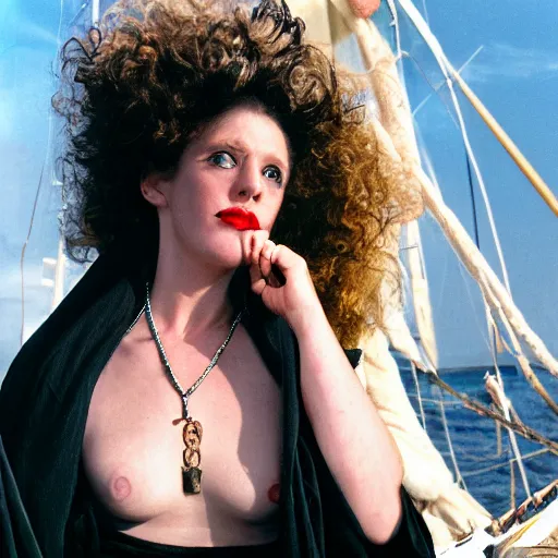 Image similar to a woman throwing up, a beautiful english woman with a long face narrow nose pale skin blue eyes red lips and wild messy tangles of curly white blonde hair leaning over the side of a sailing ship and throwing up, high resolution film still wearing a black robe and skull necklace and holding a spear, sandy, a journey to the west