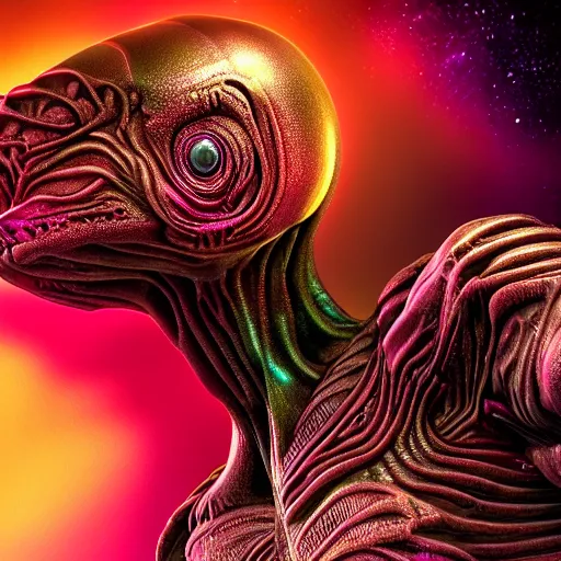 Image similar to an alien from a distant galaxy. hyperdetailed photorealism, 1 0 8 megapixels, amazing depth, high resolution, 3 d shading, 3 d finalrender, 3 d cinematic lighting, glowing rich colors, psychedelic overtones, artstation concept art.