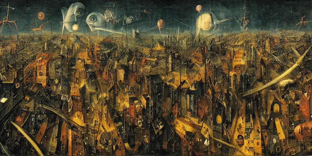 Image similar to view of a crowded cyberpunk city at night painted by hieronymus bosch, highly detailed, intricate, cyberpunk, colourful, night time, art by hieronymus bosch