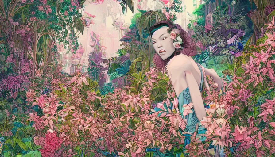 Image similar to a digital painting of a woman wearing gucci exploring a magical japanese temple, lush plants and flowers, eco - cyberpunk art by james jean, cgsociety, retrofuturism, anime aesthetic, chromatic, iridescent