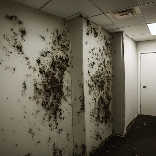 Image similar to backrooms office space, ominous lighting, moldy walls, demogorgon wading in shallow water