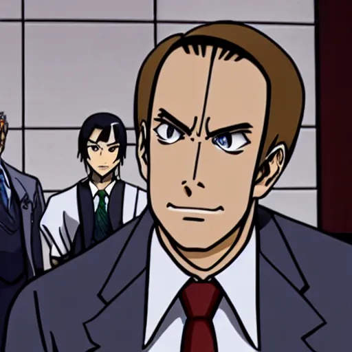 Image similar to Saul Goodman from ace Attorney in a courtroom, anime series