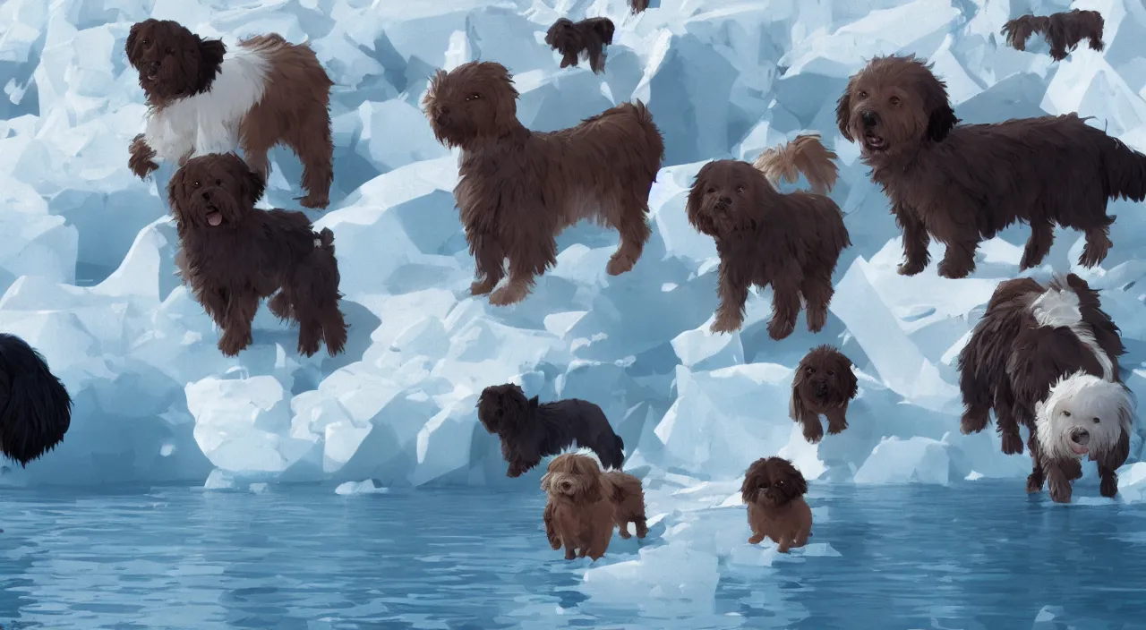 Image similar to havanese dogs and arctic explorers, crossing glaciers, 1 9 0 0, tartakovsky, atey ghailan, goro fujita, studio ghibli, rim light, harsh midday lighting, clear focus, very coherent