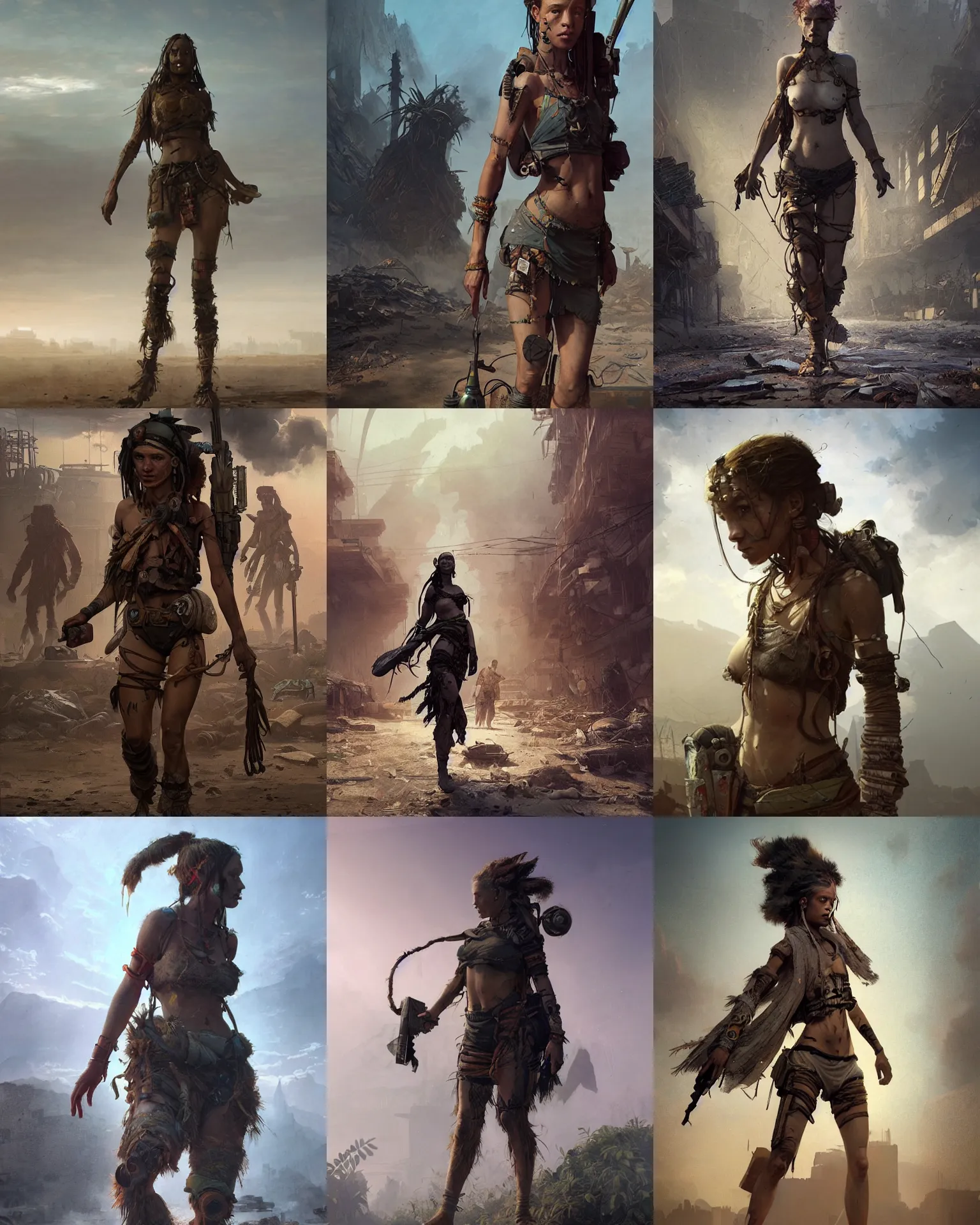 Prompt: hyper realistic photo of solarpunk postapocalyptic nomad tribal girl, full body, cinematic, artstation, cgsociety, greg rutkowski, james gurney, mignola, craig mullins, brom