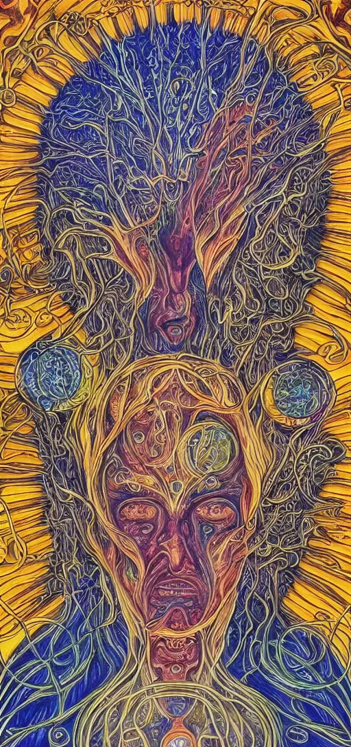 Image similar to alchemy and rosicrucianism fall in love, in the style of alex grey