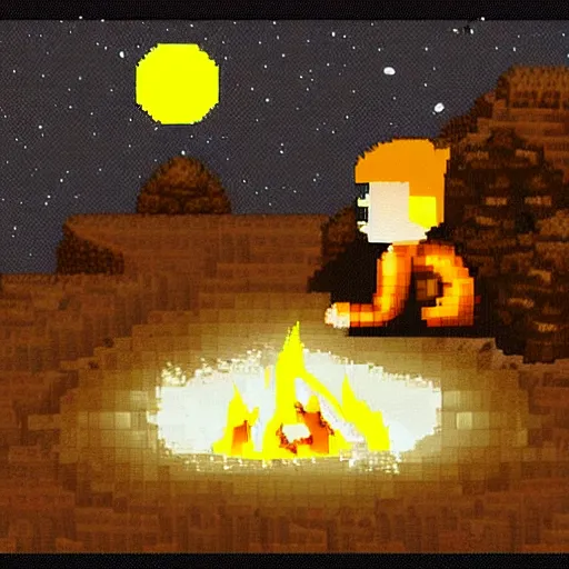 Prompt: silver hair girl with ponytail, resting on campfire with her rifle, at night, pixelart