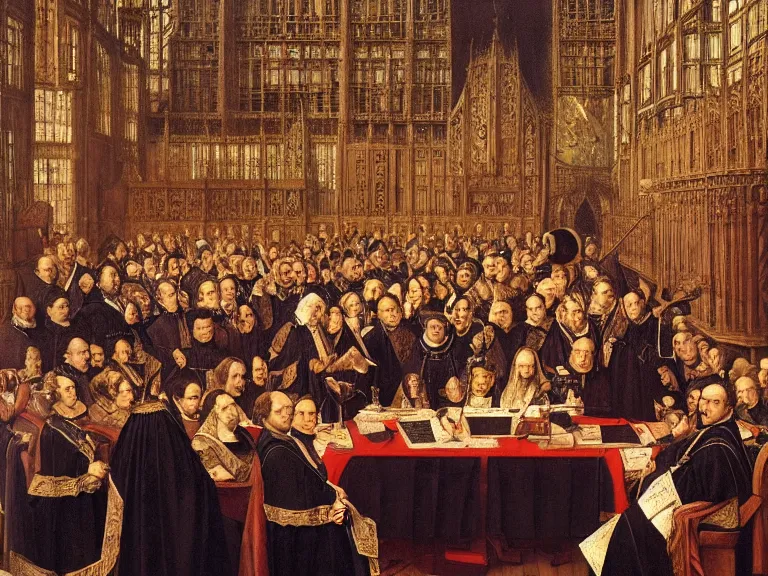 Prompt: “ martin luther at the house of lords by anton von werner, 1 6 th century, medieval, tudor, oil on canvas, highly detailed, artstation hd ”