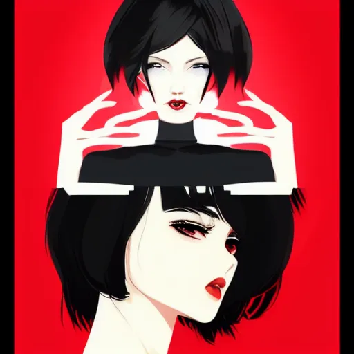 Image similar to a woman with black hair and a red and white background, vector art by Ilya Kuvshinov, featured on deviantart, shock art, ilya kuvshinov, official art, anime