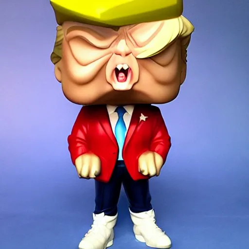 Image similar to funko pop of donald trump, angry expression, pecked lips,