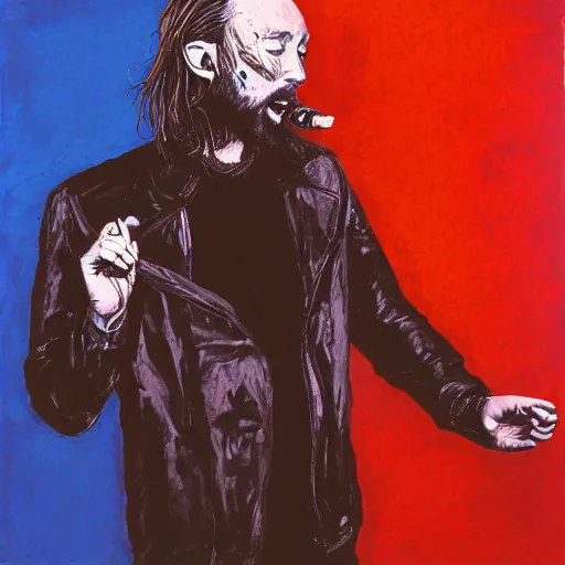 Image similar to Singing Thom Yorke, with a beard and a black jacket, a portrait by John E. Berninger, dribble, neo-expressionism, uhd image, studio portrait, 1990s