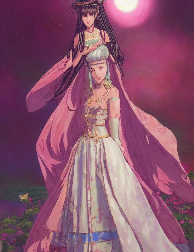 Image similar to middle eastern scifi princess at the rose garden, wearing a lovely dress with vaporwave details. this oil painting by the award - winning mangaka has an interesting color scheme and impeccable lighting.