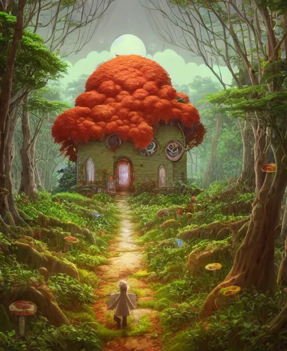 Prompt: a simple, whimsical church made from food, overgrown with huge exotic fungus, deep in the woods, cheerful, stormy, by dan mumford, yusuke murata, makoto shinkai, ross tran, dreamy, cinematic, unreal engine, cel shaded, featured on artstation, pixiv