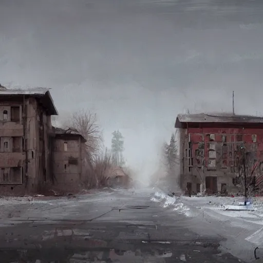 Image similar to painting of a abandoned post soviet town by jakub rozalski