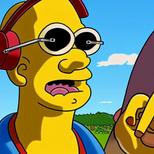 Image similar to A cyclops riding a tractor listening to AirPods in the style of the Simpsons