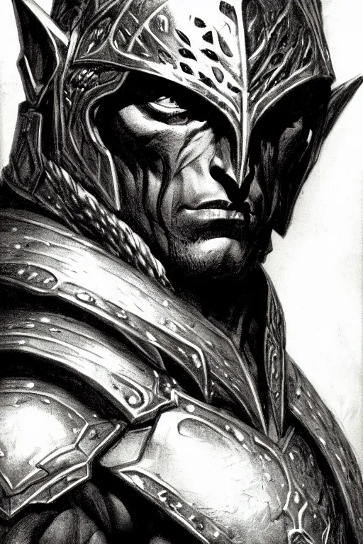 Image similar to head and shoulders portrait of an eldrich knight, drow, dark elf, shadar kai, armored, magical, male, high fantasy, d & d, by frank frazetta, face details, extremely detailed, digital illustration