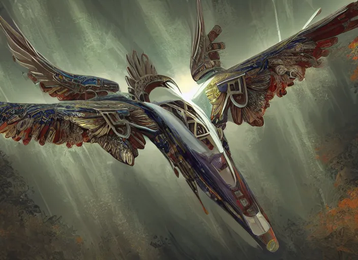 Prompt: concept art of an angelic modern jet plane with ornate birdlike wings with art deco patterns flying over an outpost in a forest, cyberpunk, high fantasy