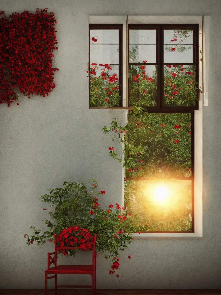 Image similar to a single old house window with a vase of red flowers with view to a sunrise, blue wall, a wooden chair near the window, concept art, octane render, unreal engine 5, trending on deviantart, highly detailed, high quality, hd, digital painting, masterpiece, geometric, symmetrical, low contrast, beautiful, high coherence, natural lighting, intense lighting