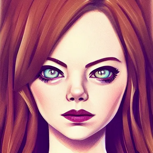 Prompt: emma stone portrait, cartoon face, doll face, glam, character art, digital illustration, big eyes, triangular face, semirealism, ealistic shaded perfect face, fine details, realistic shaded lighting, poster by samdoesarts sam yang