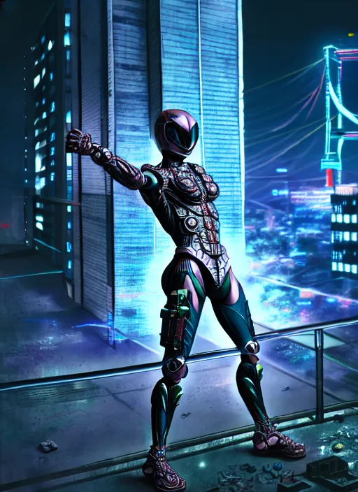 Prompt: kamen rider action pose, human structure concept art, human anatomy, full body hero, intricate detail, art and illustration by irakli nadar and alexandre ferra, global illumination, on tokyo cyberpunk night rooftop, frostbite engine